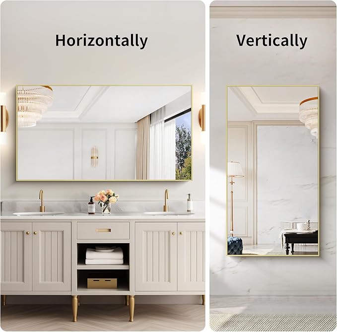 30x55In Gold Bathroom Mirror for Wall, Brushed Gold Rectangle Mirrors - Image 3