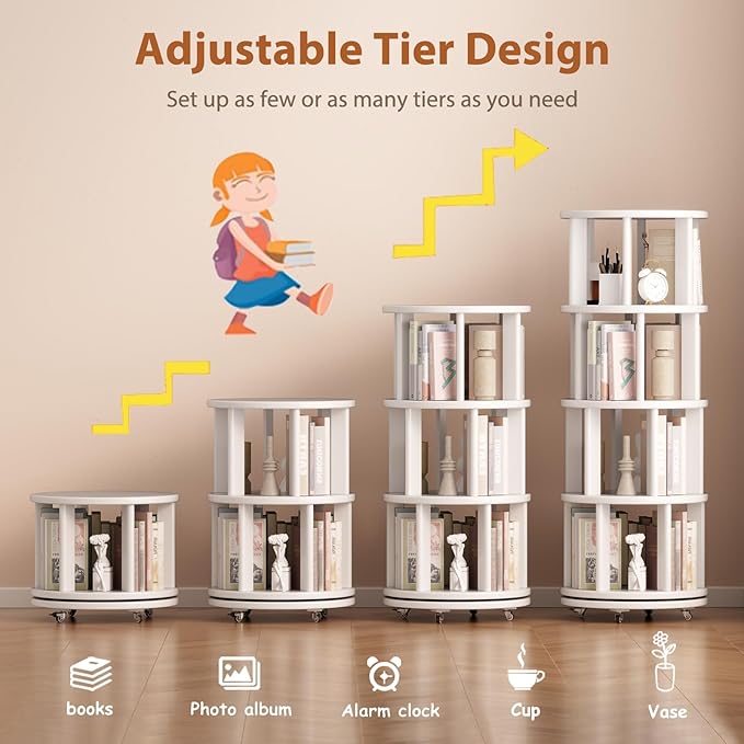 Solid Wood Rotating Bookshelf on Wheels, 4 Tier, Round Revolving Bookcase - Image 7