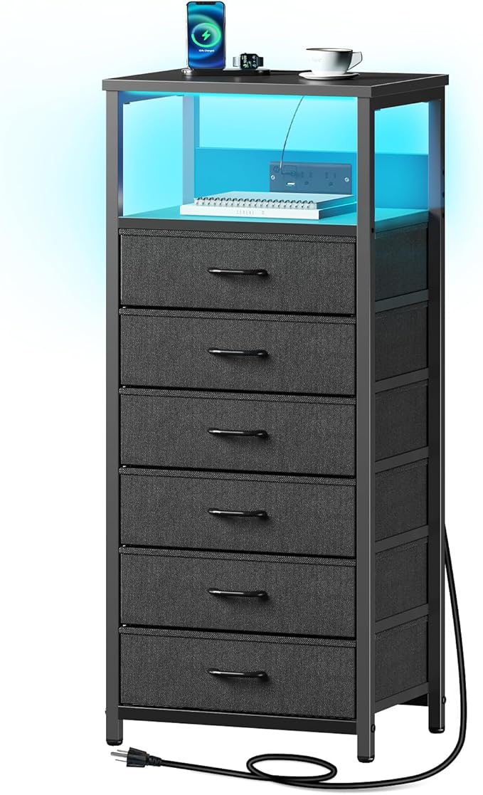 Seventable Night Stand with Charging Station, Tall Nightstand with 6 Fabric by Seventable