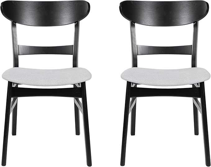 Set of 2 Solid Wood Dining Chairs, Fabric Upholstered Seat Mid-Century Modern - Image 3