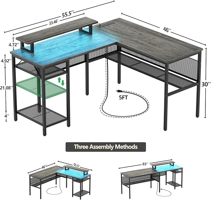 L Shaped Computer Desk with Magic Power Outlets and Smart LED Light, Reversible - Image 2