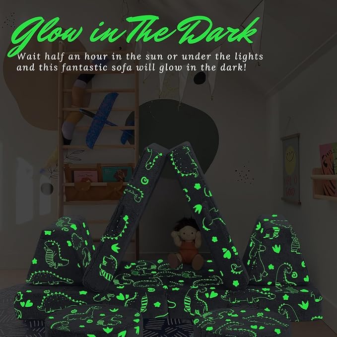 MeMoreCool 8-Piece Kids Modular Play Couch — Glow-in-The-Dark Dinosaur Foam - Image 5