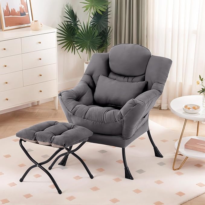 Lazy Chair with Ottoman, Comfy Fabric Accent Lounge Arm Chair with Lumbar - Image 5