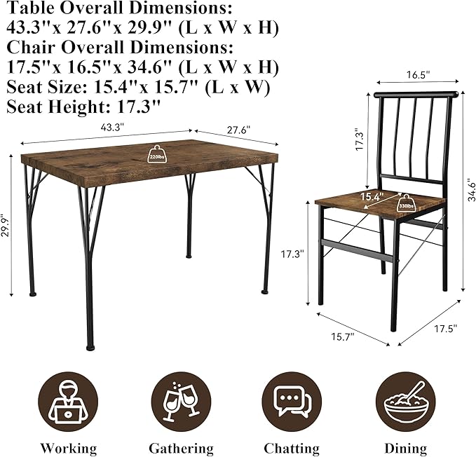5 Piece Dining Table Set with 1.6" Thick Desktop, Modern Metal&Wood Kitchen - Image 2
