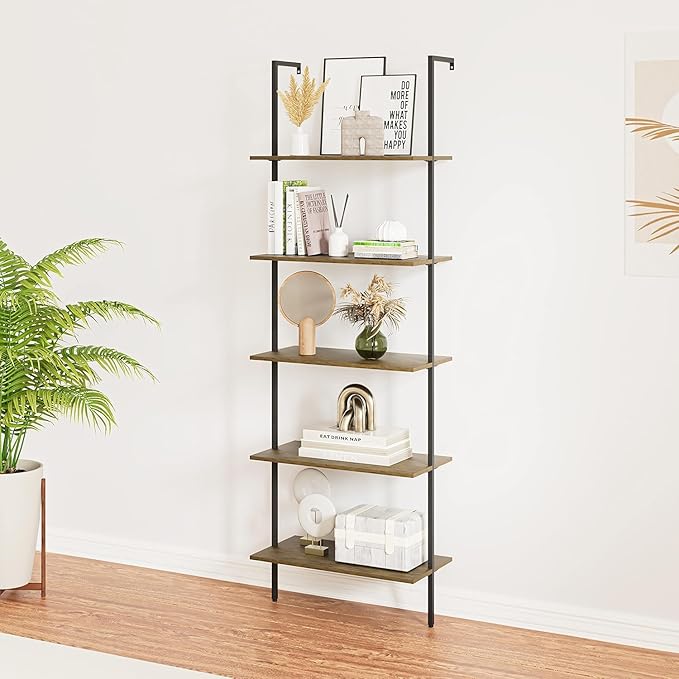 5 Tiers Ladder Shelf Brown Modern Bookshelf Open Tall Wall Mount Bookcase - Image 2
