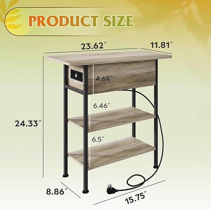 WLIVE End Table with Charging Station, Flip Top Side Table with Storage Shelf - Image 3