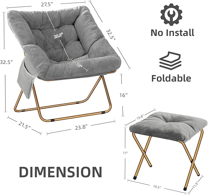 Comfy Saucer Chair for Adults, Foldable Living Room Chairs, Soft Faux Fur - Image 3