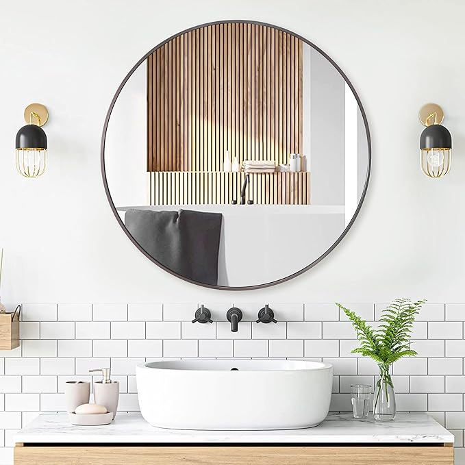 36 inch Dark Grey Circle Wall Mirror, Brushed Titanium Metal Framed Round Mirror - Image 2