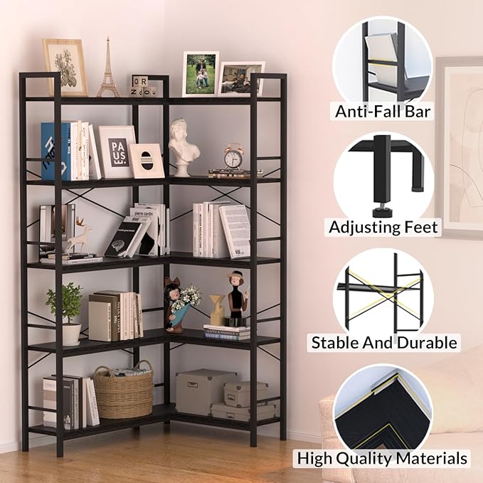 Black Corner Bookshelf, 5 Tiers Corner Bookcase - Image 4