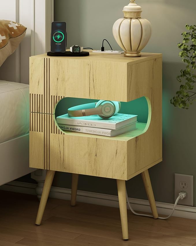 Nightstand with Charging Station and LED Lights, Modern Bedside Table with 2 by JOONEE
