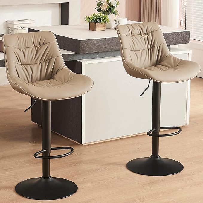 Kidol & Shellder Bar Stools Set of 2 Adjustable Swivel Khaki, PU Leather by KidolShellder