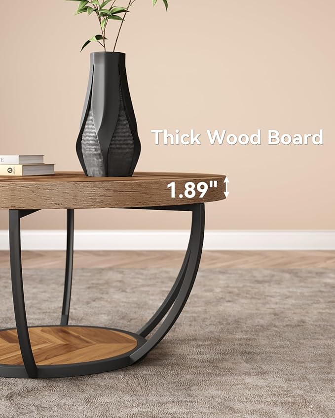 LITTLE TREE Round Coffee Table, 2-Tier Wood Accent Center Table - Image 7