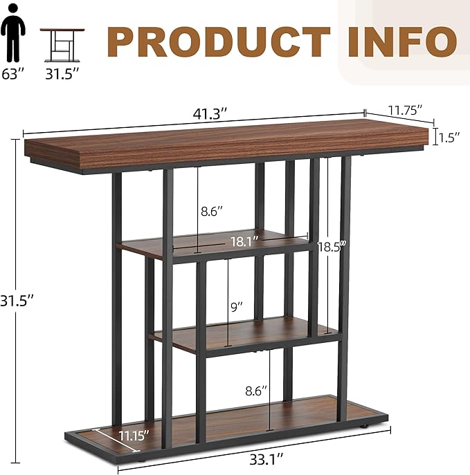 HABUTWAY 42" Industrial Entryway Table, Narrow 4-Tier Wood Console Table - Image 2