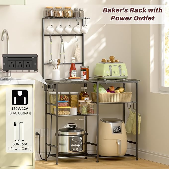 Bakers Rack with Power Outlet, Kitchen Microwave Stand with 10 S-shaped Hooks - Image 3