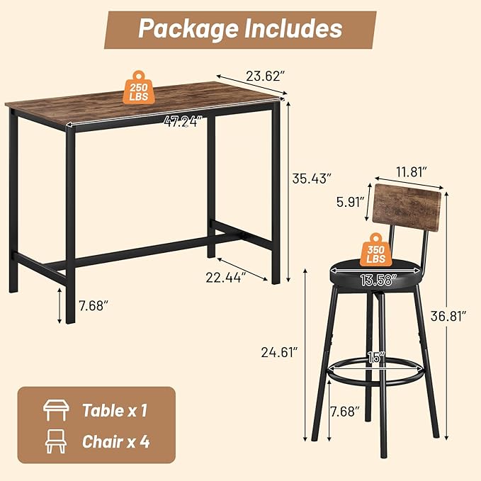 Dining Table Set for 4, 5-Piece Bar Table Set, Kitchen Table and Chairs - Image 2