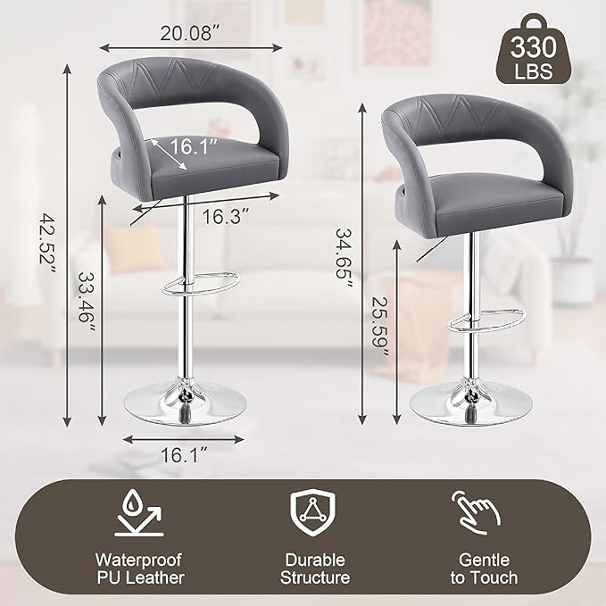 VECELO Bar Stools Set of 2 Adjustable Swivel Modern Pu Leather Barstools - Image 3