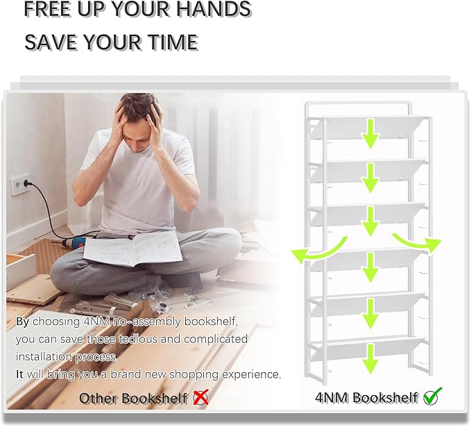 4NM No-Assembly 6 Tiers Folding Bookshelf Storage Shelves Vintage Bookcase - Image 7