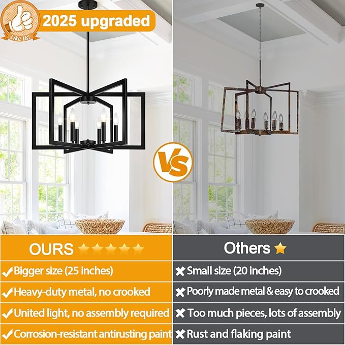 25" Modern Black Chandelier for Dining Room, Geometric Black Dining Room Light - Image 2