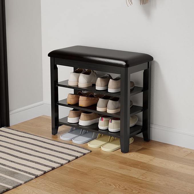 Shoe Bench with Leather Cushion, 3 Tiers Shoe Storage Bench Height Adjustable by AQIMUELE-Solidwoodfurniture