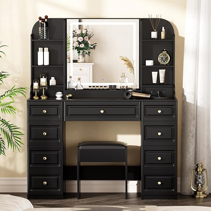 43" Makeup Vanity Desk with Mirror and Lights, & Power Outl, Glass Top Big by Arulvmrn