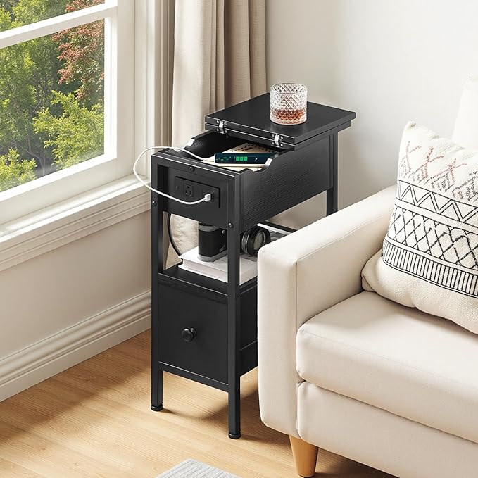 HOOBRO End Table with Charging Station, Flip Top Narrow Side Table with Storage - Image 2