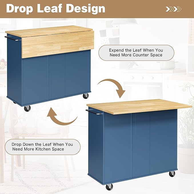 Shintenchi Kitchen Island with Folding Drop Leaf, Rolling Island Table with - Image 4