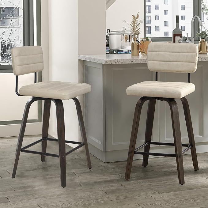 Swivel Bar Stools Set of 2, Counter Height, Wooden Frame, PU Leather Cushions by FERFALDER