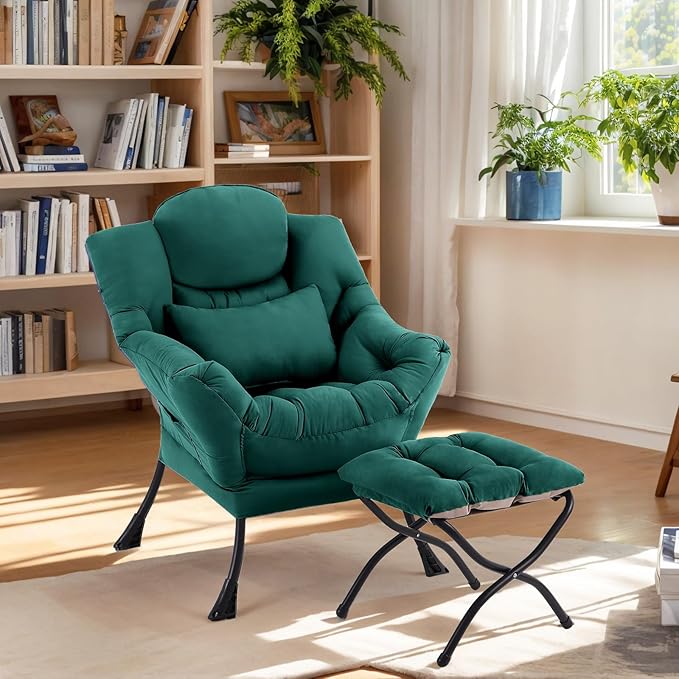 Lazy Chair with Ottoman, Comfy Fabric Accent Lounge Arm Chair with Lumbar by Furlide