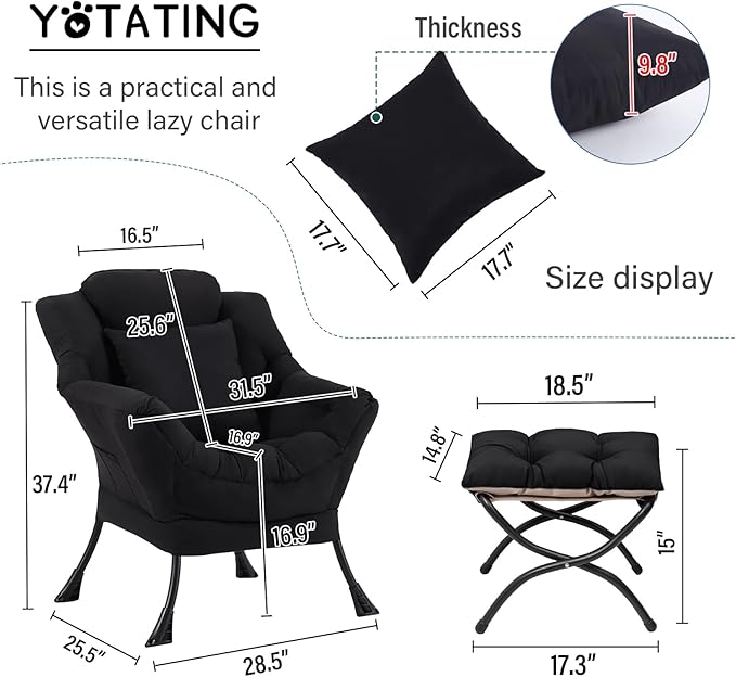 Lazy Chair with Ottoman, Comfy Reading Chair with Footstool & Pillow Modern - Image 3