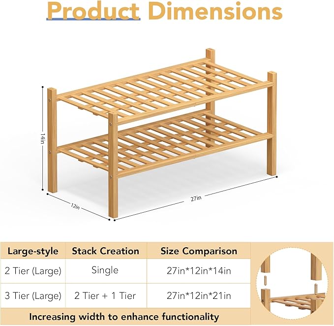 Haddockway Large 2 Tier Bamboo Shoe Rack Storage Organizer, Small Space - Image 3