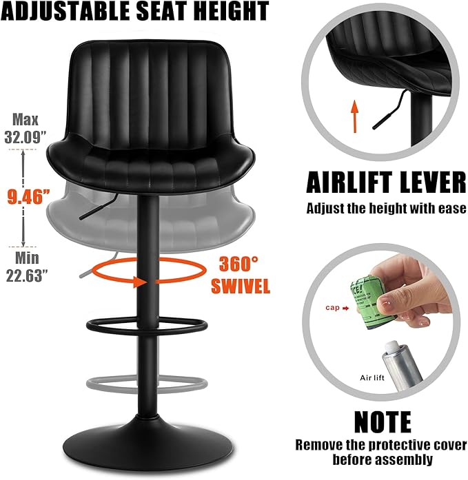 YOUNIKE Black Bar Stools Set of 2 Kitchen Counter Height Barstools Upholstered - Image 4
