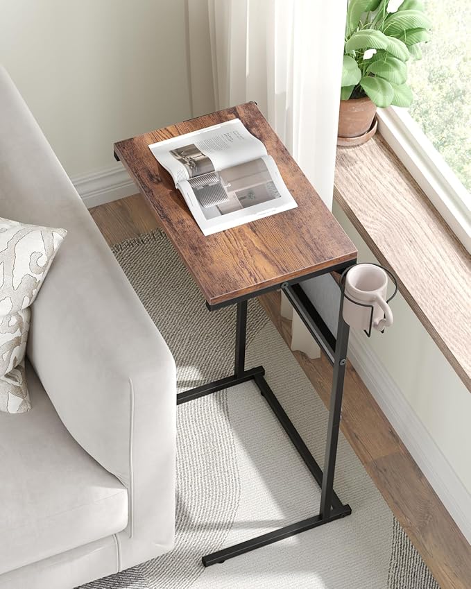 C Shaped End Table with Charging Station, Small TV Tray with Cup Holder and - Image 4