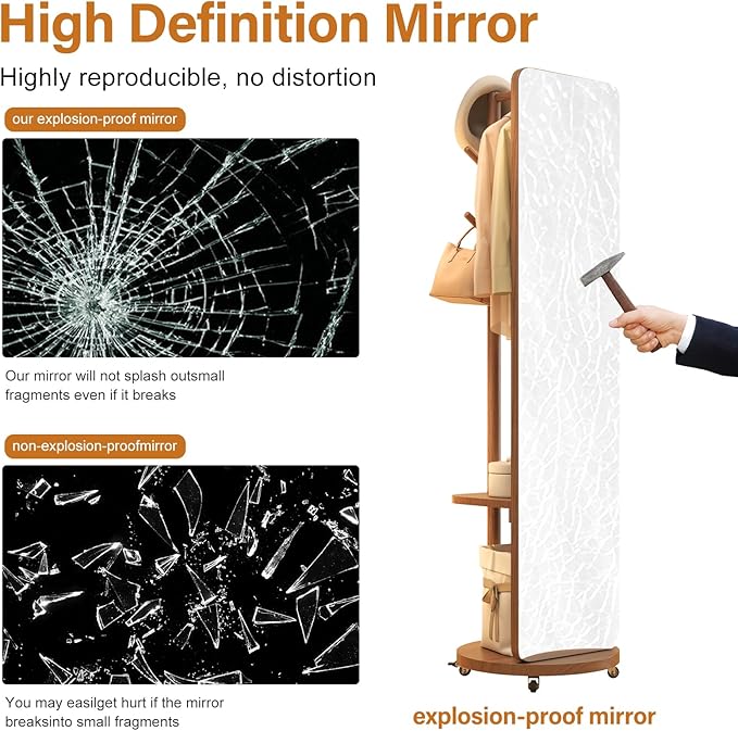 70"x16"Full Length Mirror with Stand, Coat Rack with Mirror, Solid Wood Floor - Image 7
