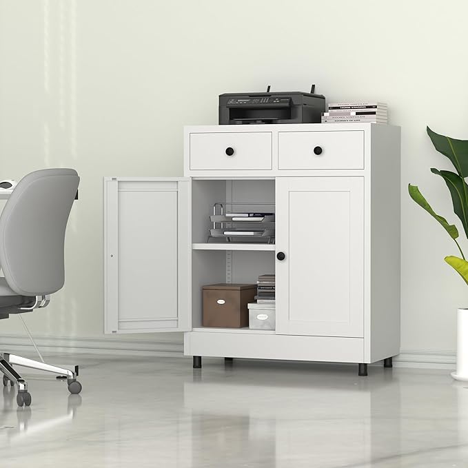 Metal Storage Cabinet with 2 Drawers and Adjustable Shelf, Sideboard Buffet - Image 4