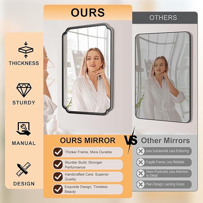 26"x40" Rustproof Bathroom Mirror Black, Round Corner Metal Frame Wall Mirror - Image 8