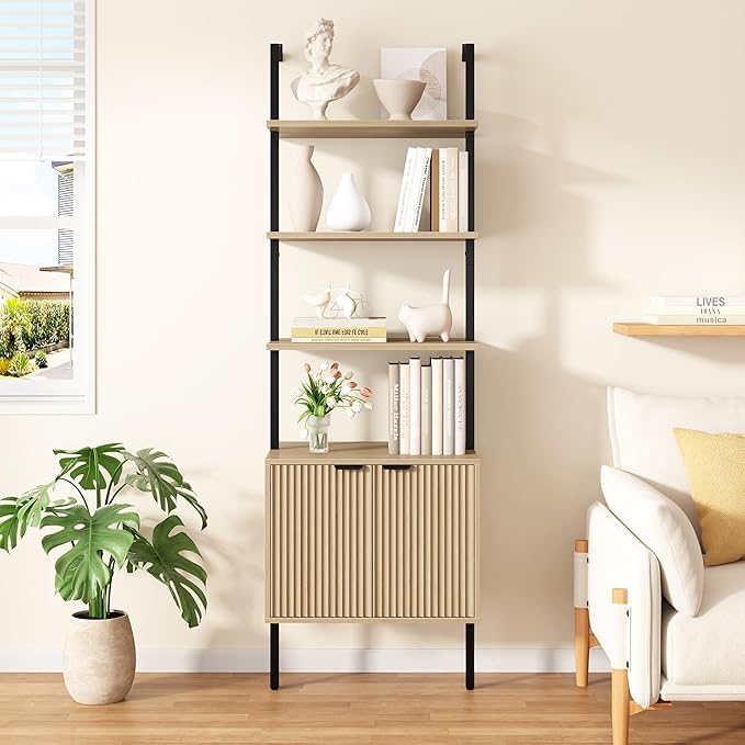 Yusong 73" Tall Bookshelf with Cabinet, Industrial Ladder Wall Mount Shelf - Image 4