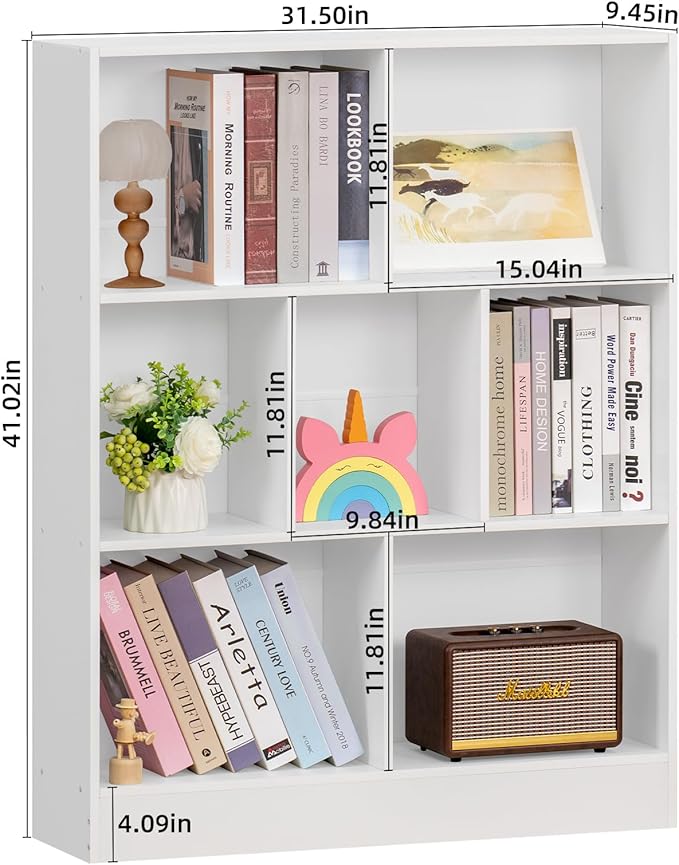 YAHARBO White 7 Cube Bookshelf, 3 Tier Modern Horizontal Bookcase, Wooden Low - Image 2