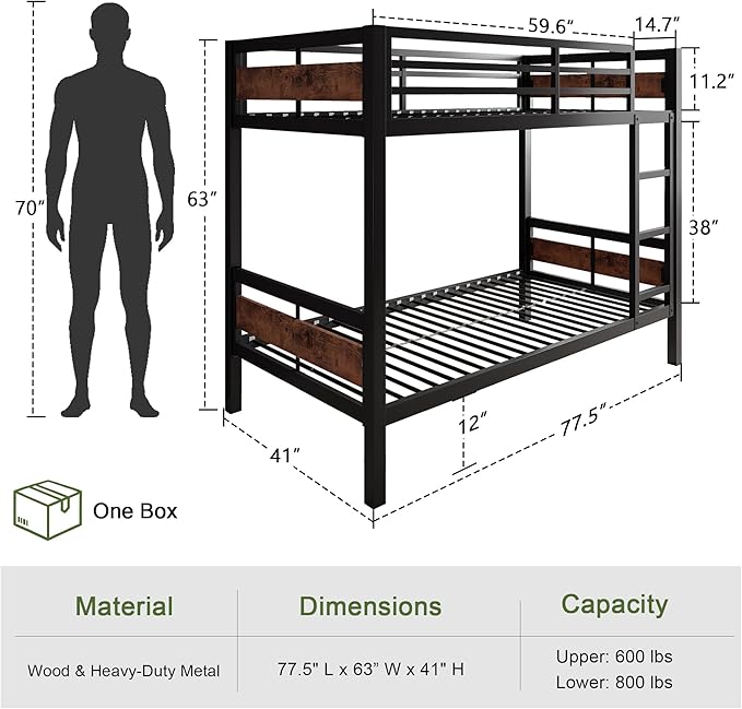 Feonase Metal Bunk Bed Twin Over Twin - Image 2