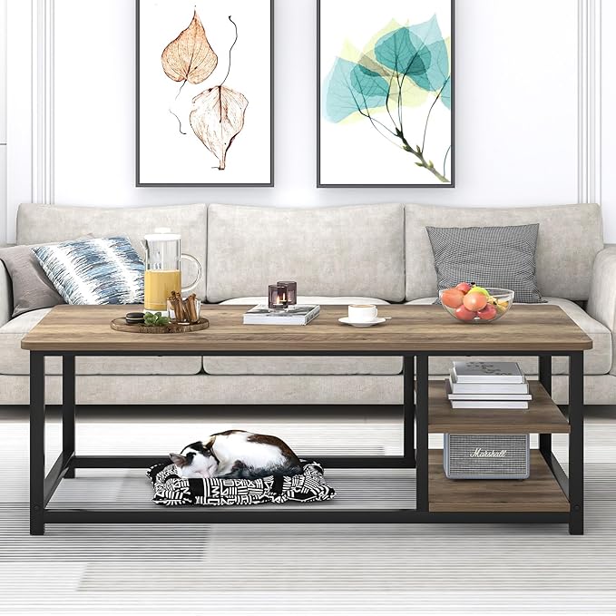 EXCEFUR Coffee Table with Storage Shelf, Modern Wood and Metal Center Table - Image 7