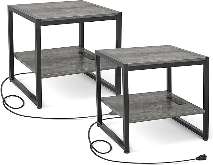 Homieasy End Table with Charging Station, 20 Inch Mini Fridge Stand with 2-Tier by Homieasy