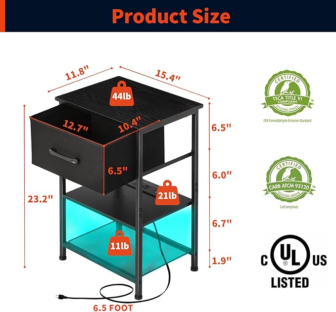 Nightstands Set of 2 with Charging Station and Drawer, End Table Side Table - Image 3
