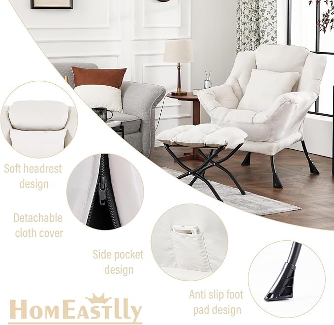 Lazy Chair with Ottoman, Modern Large Accent Lounge Chair with a Pillow - Image 7
