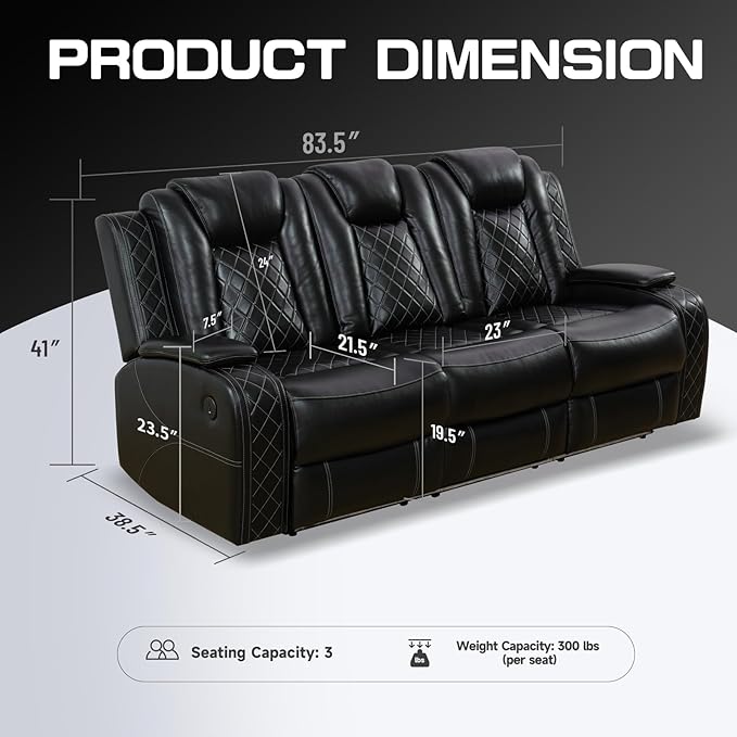 PU Leather Power Wall Hugger Chair Double Reclining Sectional Sofa 3-Seater - Image 2