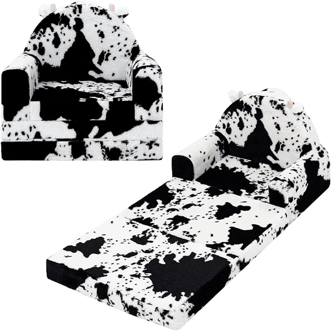 2-in-1 Toddler Chair and Couch – Soft Faux Rabbit Fur, Cow Pattern Design by QIUODO