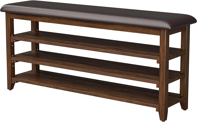 Wooden Shoe Bench Storage with Leather Cushion, Rustic Solid Wood Entryway by JAWGLOW