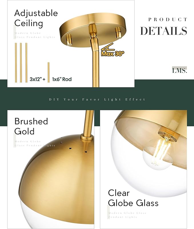 LMS Mid Century Pendant Light Fixtures, Brushed Gold Farmhouse Pendant Light - Image 3