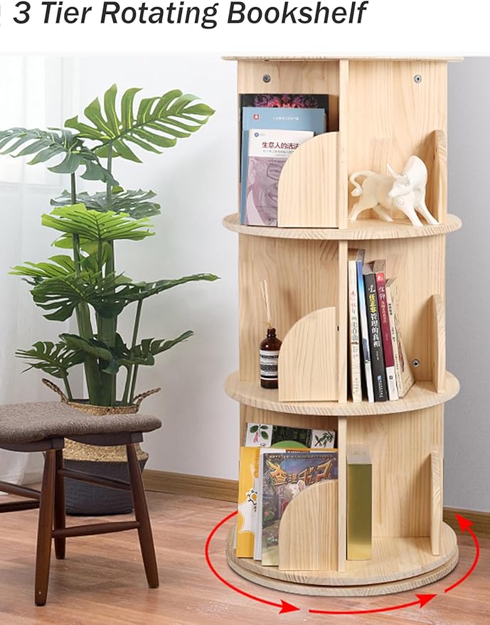 Rotating Bookshelf, 360 Display 3 Tier Floor Standing Bookcase Storage Rack - Image 2