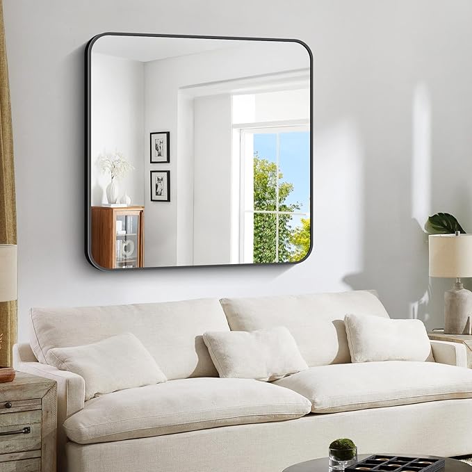 Bathroom Mirror, 42x42 inch Black Square Wall Mirror, Rounded Corner Aluminum - Image 3