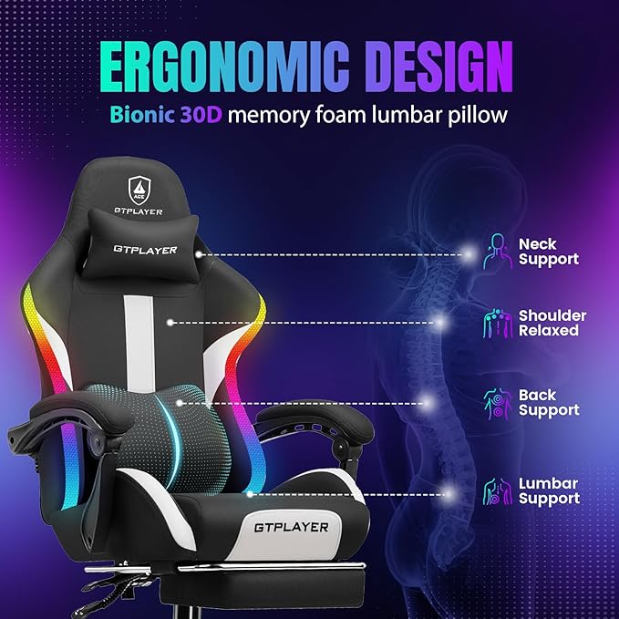 GTRACING Gaming Chair with Foot Rest & Racing Style RGB LED Lights, Breathable - Image 5