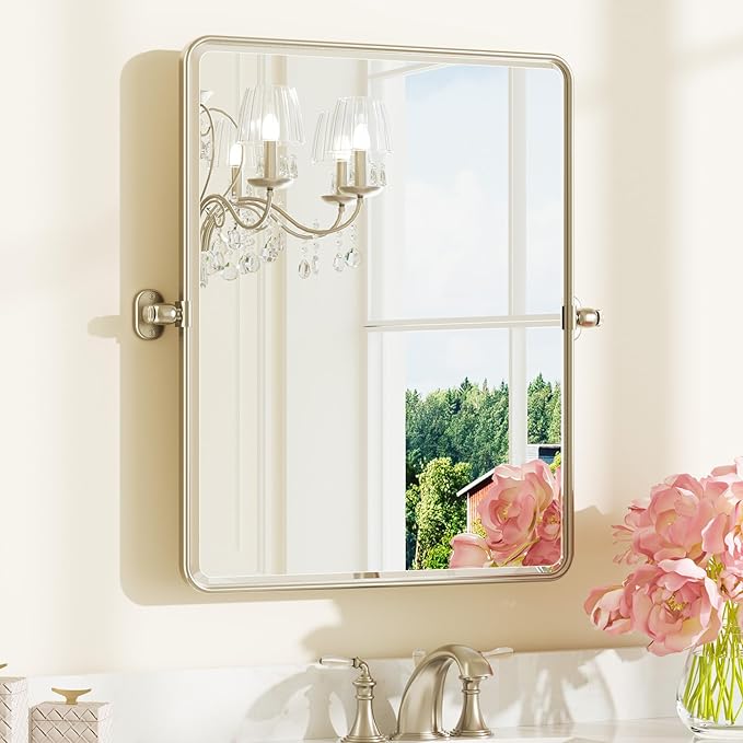 Keonjinn 24x30 in Brushed Pivot Mirror, Tilt Beveled Mirror Bathroom, by Keonjinn